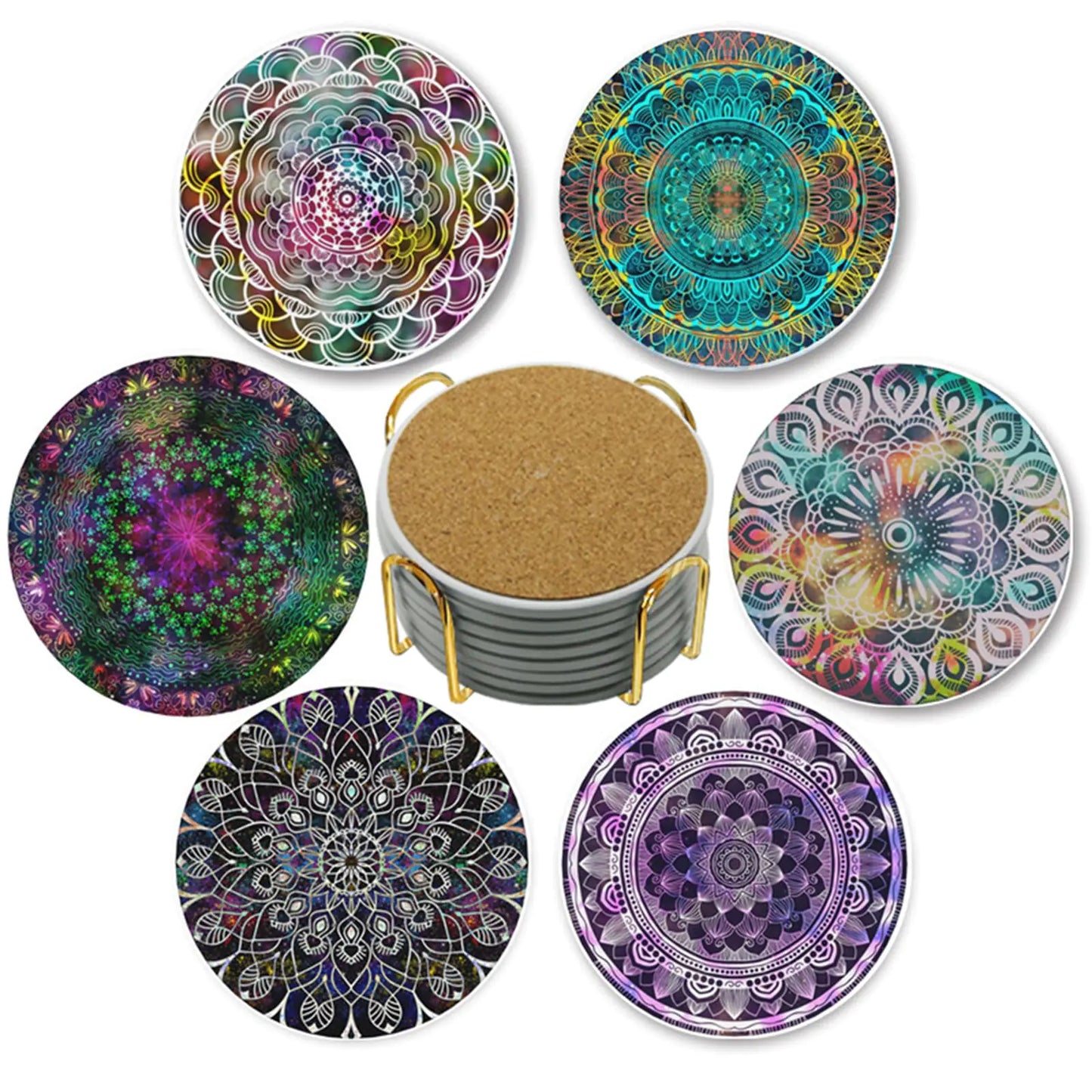 Set of 6 Mandala Drink Coasters with Holder - Full Circle