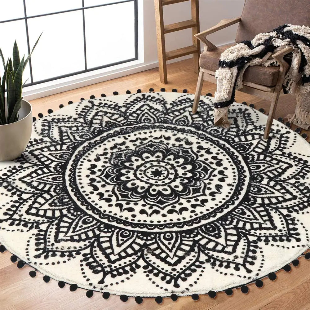 Boho Chic Round Mandala Rug - Beige/Black