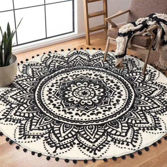 Boho Chic Round Mandala Rug - Beige/Black