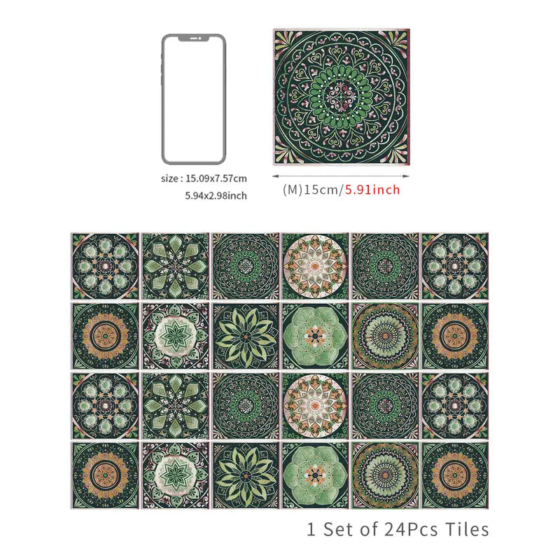 Retro Mandala Tile Stickers - 24pcs