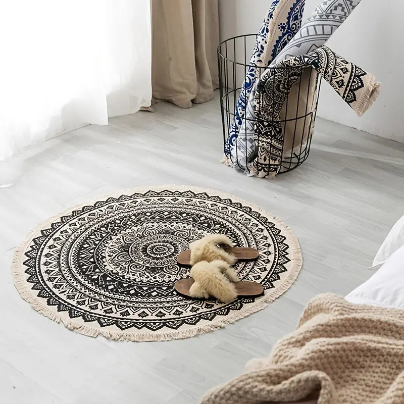 Round Mandala Rug with Fringe - 90cm