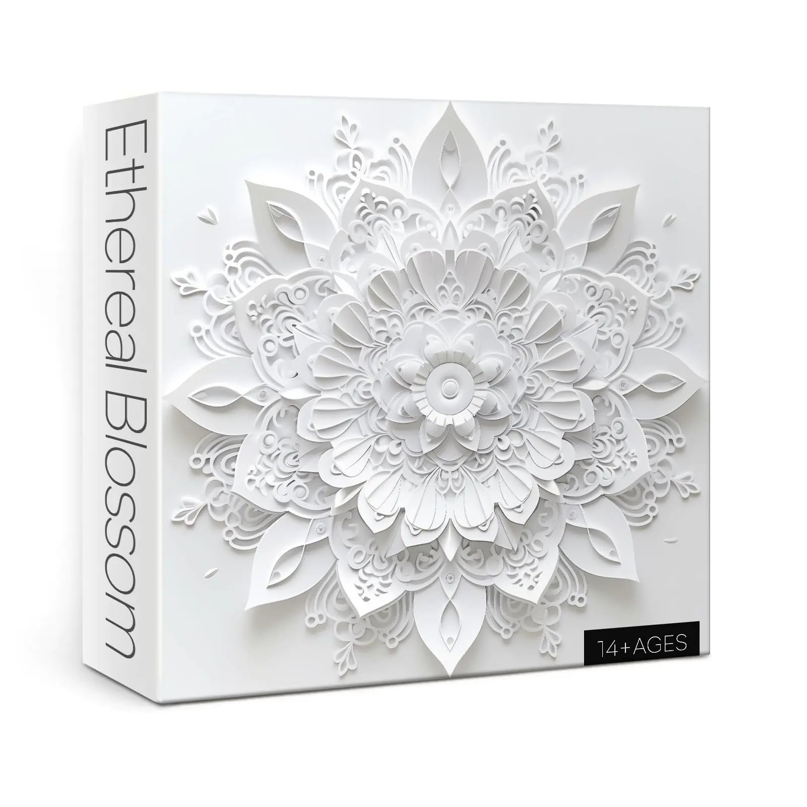 Ethereal Blossom puzzle packaging with a white floral design on a white background