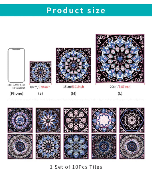 10pcs Boho Kitchen Tile Stickers with Mandala Patterns