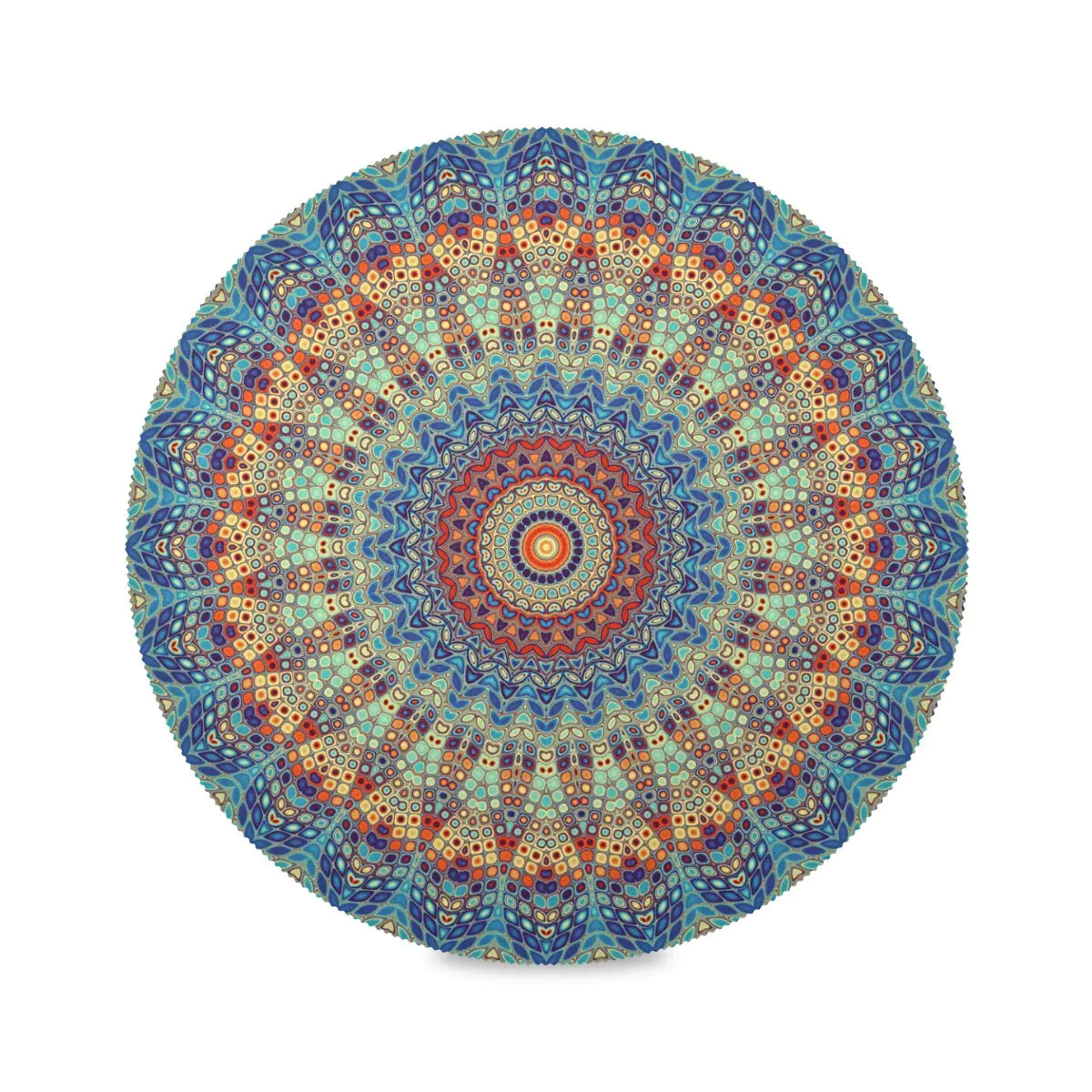 Colorful round mandala placemat with intricate patterns on a white background