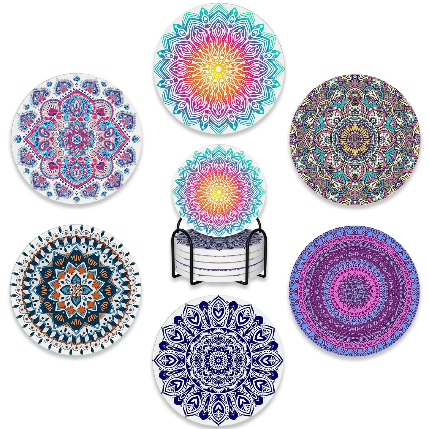 Set of 6 Mandala Drink Coasters with Holder - Flower Boho