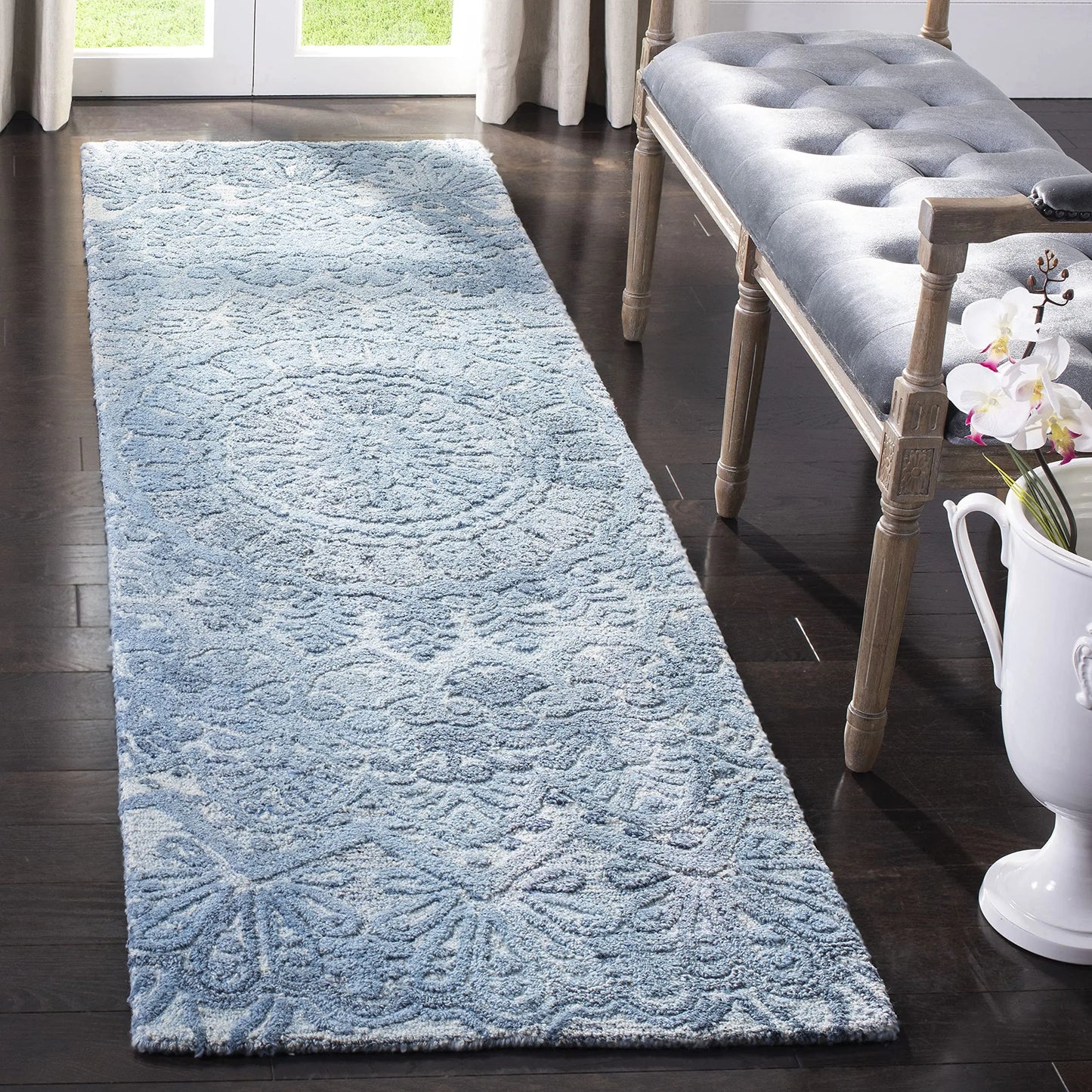 Powder blue & Ivory Mandala Runner Rug - 182.9x68.6cm